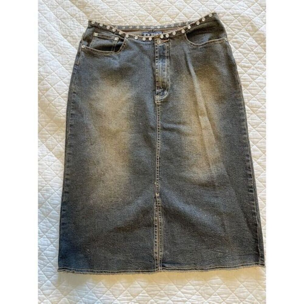 Vintage Y2K Rhinestones and Shimme Denim Maxi Skirt Size 13/14 Front Slit Washed